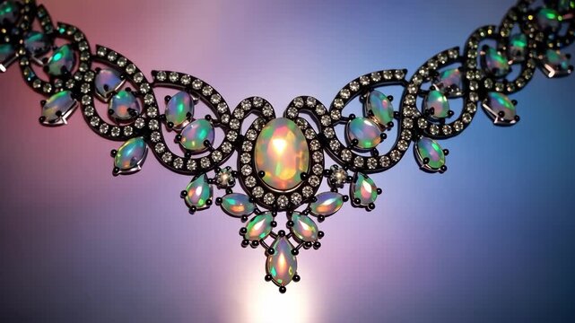 Elegant opal necklace, a dazzling jewelry piece with intricate design and gems. Beauty, style, and fashion concept. Accessory for luxury and wealth, iridescent stone.