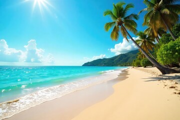 Obraz premium Sunny day at the beach, perfect for relaxation Golden sand, turquoise water, and gentle waves create a tranquil scene Ideal for summer vacation imagery and travel brochures , sun, beach, joy