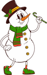 Cartoon Christmas snowman cute groovy character. Winter season holiday retro funky character. Happy New year, merry Christmas groovy happy snowman isolated vector personage wearing scarf and top hat