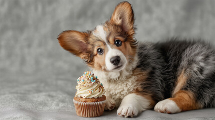 Adorable Corgi Puppy Lying Next to a Cupcake This image is ideal for pet-related content, social media, greeting cards, birthday themes, and advertising for pet-friendly products or bakeries.