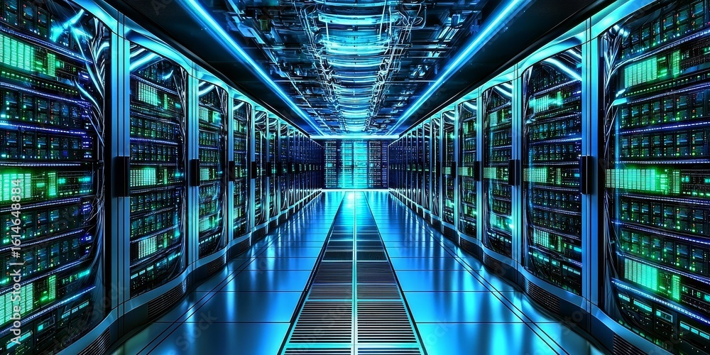 Poster a glimpse into a futuristic subterranean server room showcasing glowing data storage.