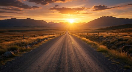 Picturesque drive into a vibrant sunset, with a long road cutting through a mountain landscape.

