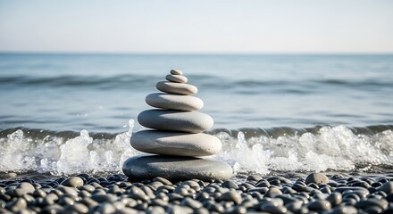 Stacked stones on a pebble beach with ocean waves in the background creating a serene atmosphere