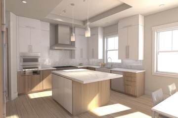 Modern kitchen design with island, hardwood floors, and natural light