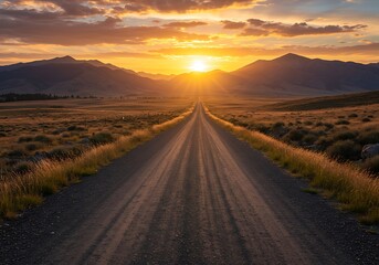 Captivating mountain sunset view from a lonely gravel road, symbolizing new beginnings.

