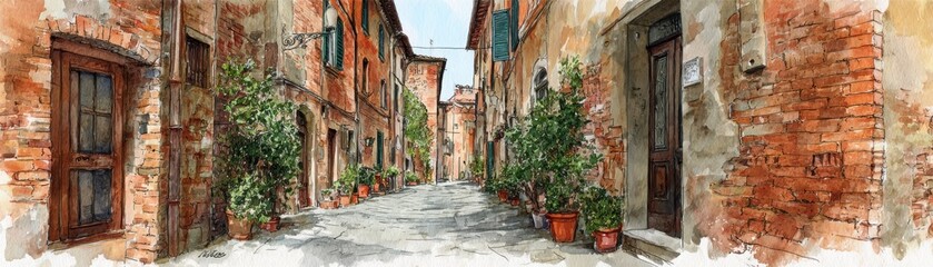 Fototapeta premium A charming narrow cobblestone street lined with rustic brick buildings and potted plants, evoking a quaint, historic European village ambiance.