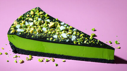 Delicious Pistachio and Chocolate Layered Cake. This image is perfect for cafe menus, dessert advertisements, food blogs, and any content related to gourmet or modern desserts. 