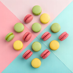Obraz premium Top-Down Symmetrical Grid of Brightly Colored Macarons Vibrant French Pastry Flat Lay
