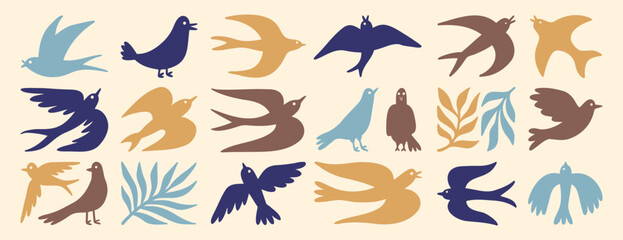 Fototapeta premium spring birds modern art simple silhouette set. boho flying birds clipart cartoon art. 