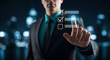 Professional completing digital checklist illustration perfect for productivity success and urban business visuals