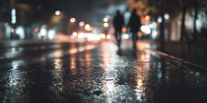 Rainy night city street, blurred figures walking