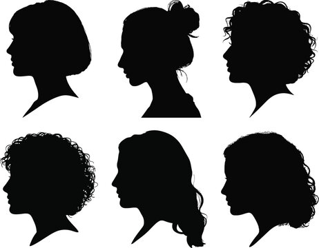 Female head profile silhouette vector collection with various hairstyles and elegant woman face in side view