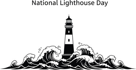 Vector art of celebrating national lighthouse day with a lighthouse in the ocean