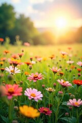 Fototapeta premium A sun-drenched field of wildflowers swaying gently in the breeze, embodying the pure joy and boundless opportunities of a vibrant, blossoming landscape , beauty, nature, growth