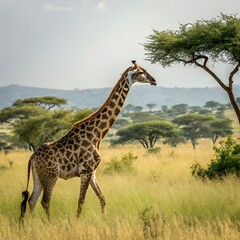 Obraz premium Giraffe Walking Through Savanna with Acacia Trees in Background – Natural Wildlife Scene
