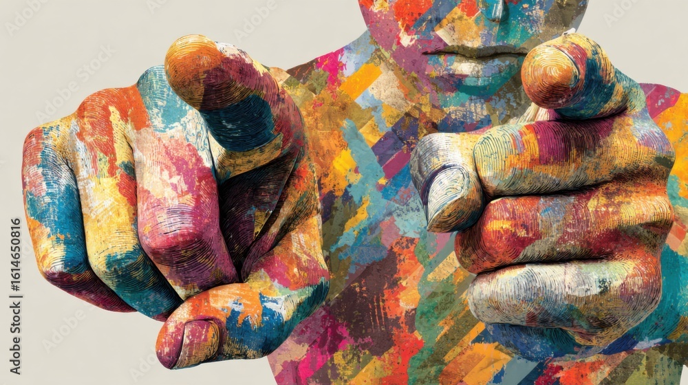 Poster a striking artwork features a figure pointing with both hands, covered in a multitude of vibrant col