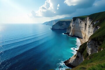 A vast, tranquil ocean seemingly enclosed by towering cliffs, creating a secluded and serene coastal scene The water is a deep, calming blue, reflecting the dramatic sky above , view, dramatic