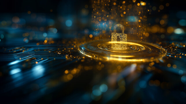 Golden Digital Lock with Blockchain Style Encryption Representing Secure Data Storage and Financial Cybersecurity