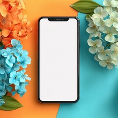 Smartphone with blank screen flanked by flowers on colorful background
