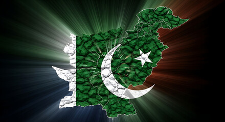 Pakistan map with flag colors and cracked texture illuminated by radiating light beams effect