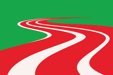 Curving red and white track on green background