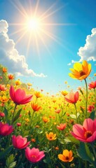 Obraz premium A vibrant, colorful depiction of happiness; sunlit scene filled with joyful, positive energy Ideal for projects related to well-being, optimism, and life's simple pleasures , motivation, delight