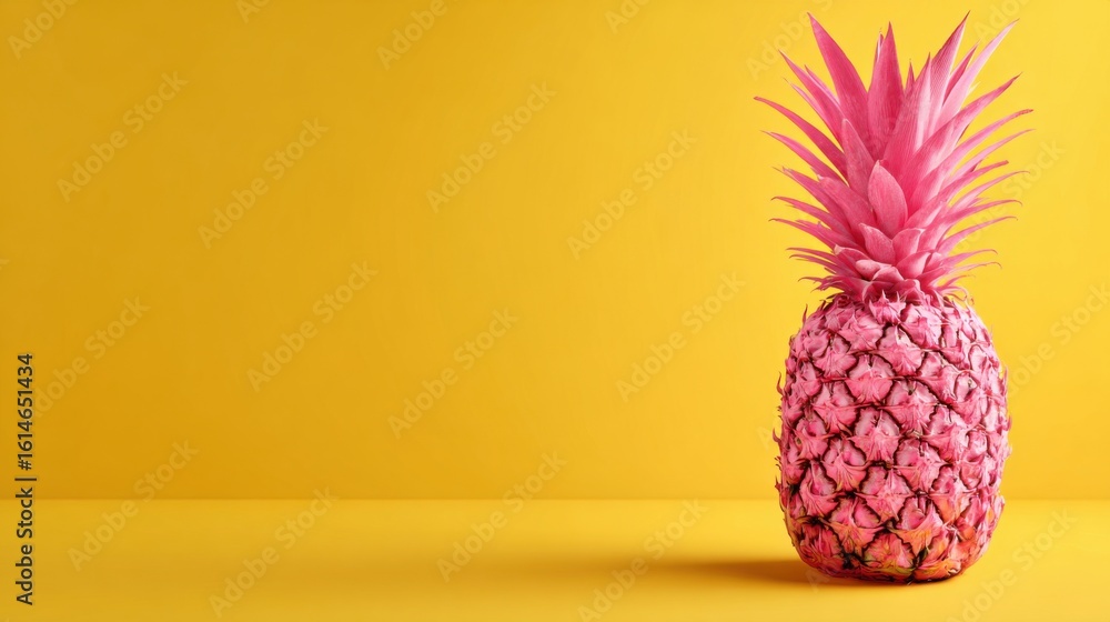 Poster a vibrant pink pineapple is positioned on a smooth yellow surface, creating a striking contrast. thi