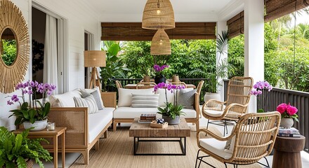 Outdoor living space with rattan furniture and tropical plants creating a relaxing atmosphere on a patio