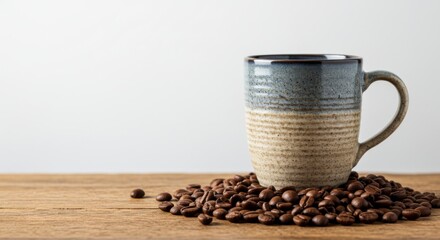 Delicious coffee mug surrounded by fresh coffee beans cozy kitchen still life photography warm atmosphere close-up perspective inviting scene