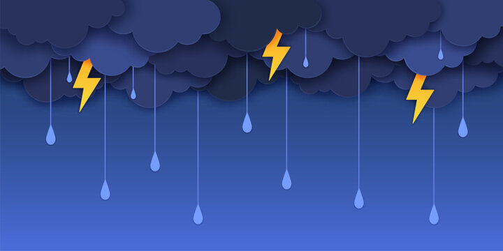 Paper cut rain and clouds with lightning. Rainy weather forecast, summer thunderstorm papercut vector backdrop. Lightning bolts and rain water drops hanging from dark blue clouds paper cut background