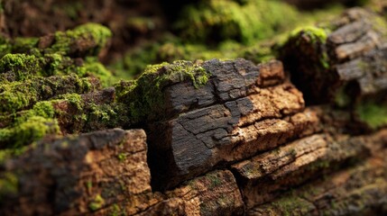 Obraz premium Closeup of Green Moss and Brown Decaying Bark Texture