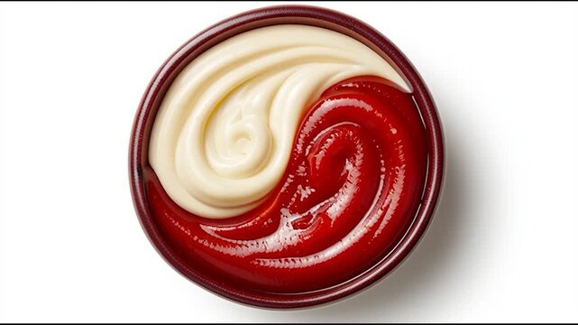 A bowl of ketchup and mayonnaise swirled together in a yin-yang pattern on a white background.