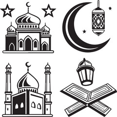 Black and White Islamic Vector Set with Mosque, Quran, Crescent Moon, Star, Lantern, and Minaret