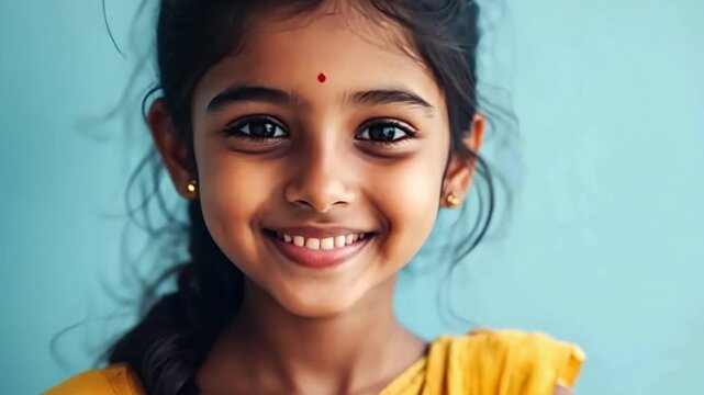 Close-up portrait of a smiling young Indian girl with a bindi on her forehead, wearing traditional yellow clothing, against a vibrant blue backdrop