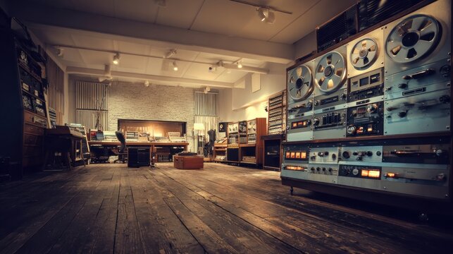 Classic Analog Studio with Large Reel Tape Array and Professional Mixing Console