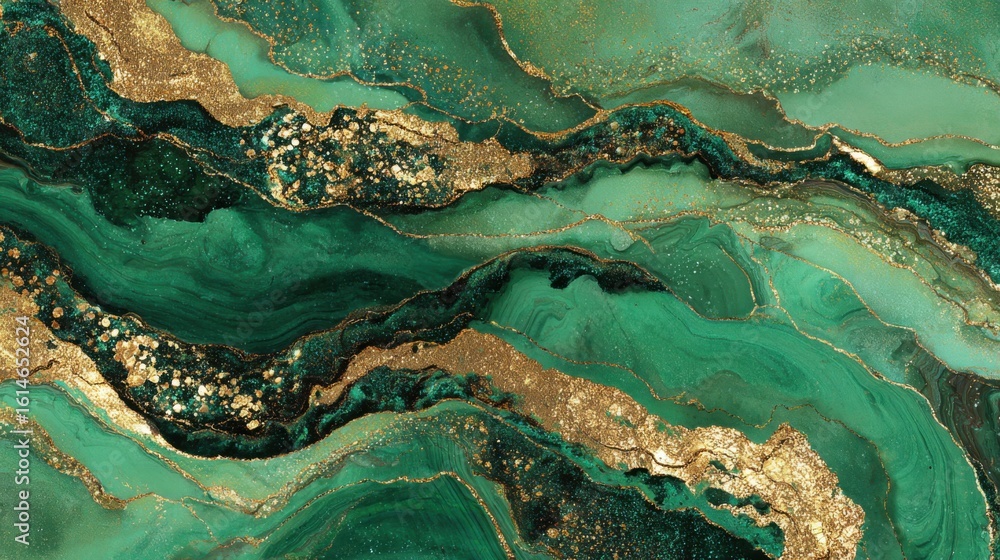 Poster colorful abstract design features rich green swirls accentuated by streaks of gold. the smooth textu