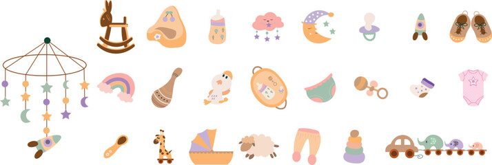 Newborn baby items set and elements in flat design. Bundle of kid toys, bodysuit, teddy bear, pacifier, unicorn, rattle, diaper, booties and other decor isolated stickers. Vector illustration