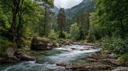 A serene river meanders through dense greenery, with clear waters cascading over rocks. Towering trees create a peaceful atmosphere, set against distant mountains under overcast skies.