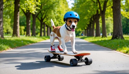 Dog skateboarding in park