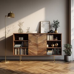 Modern wooden cabinet in a sun-drenched room