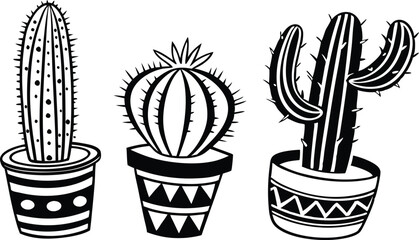 Three potted cactus plants in a simple line drawing silhouette