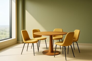 Contemporary interior with round wooden table and yellow chairs in modern room with green wall and large window letting in natural light.