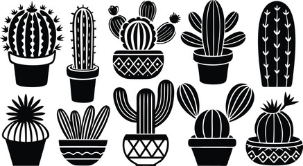 Collection of various potted cactus plants silhouette