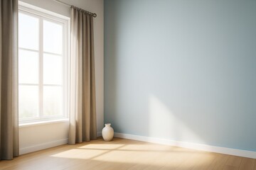 Fototapeta premium Sunlit modern empty room with light blue wall, beige curtains, and wooden floor featuring soft natural lighting and minimalist decor.