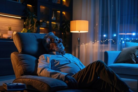 Senior woman uses voice assistant in warm living room with smart lighting