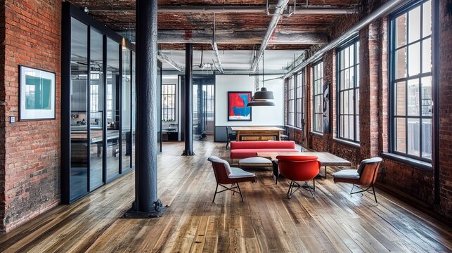Open-plan modern office space with exposed brick, wood floors, large windows, and contemporary furniture
