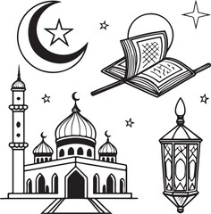 Black and White Islamic Vector Set with Mosque, Quran, Crescent Moon, Star, Lantern, and Minaret