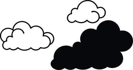 Three stylized clouds one black silhouette and two white silhouette