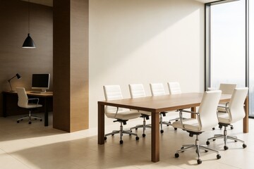Fototapeta premium Modern office interior with meeting table and chairs in bright room with large windows and minimalist furniture design concept.