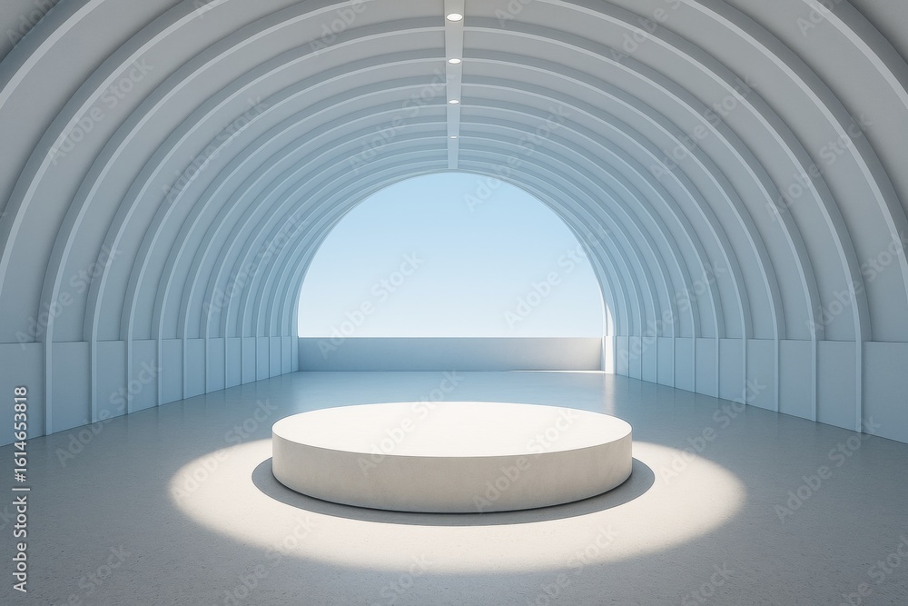 Poster modern arched interior with circular platform and soft daylight in minimalistic empty room with cont
